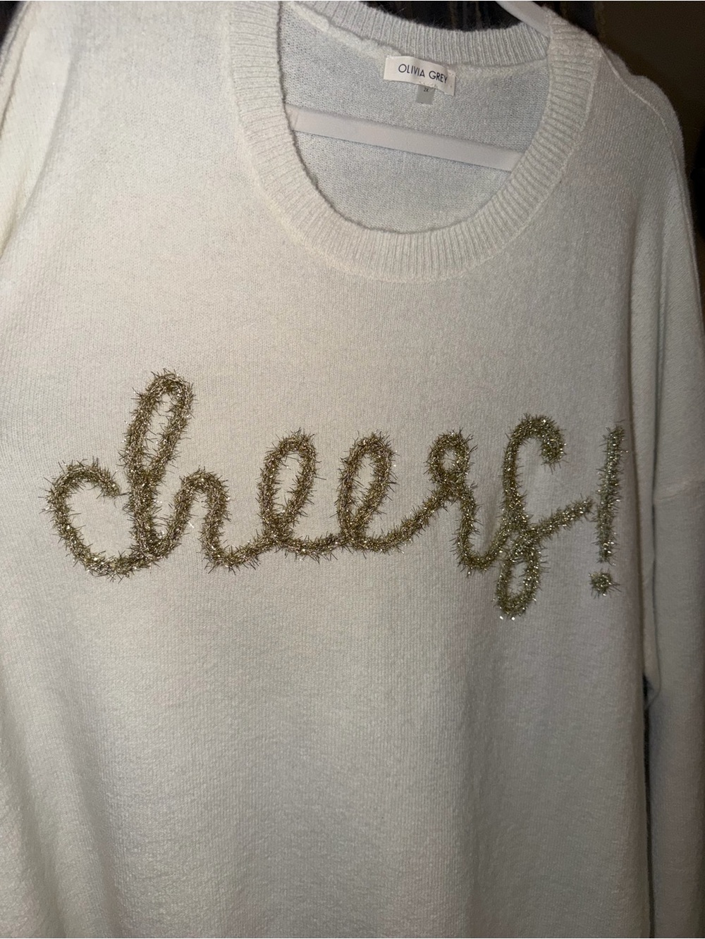 Olivia Grey White 'Cheers!' Crewneck Sweater with Gold Script